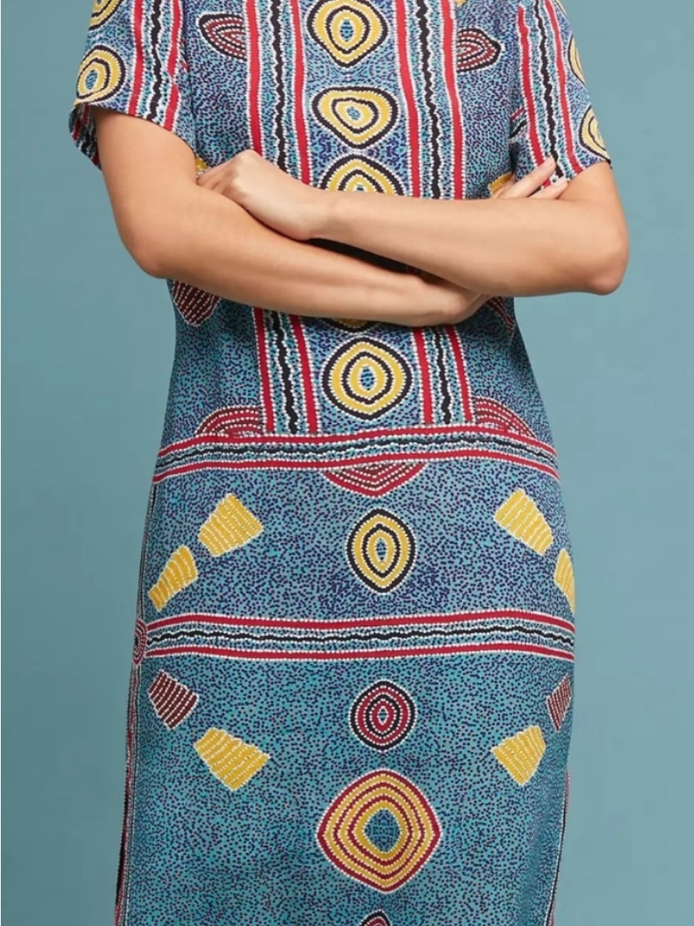 Anthropologie Blue Patterned Maxi Dress with Yellow and Red Accents